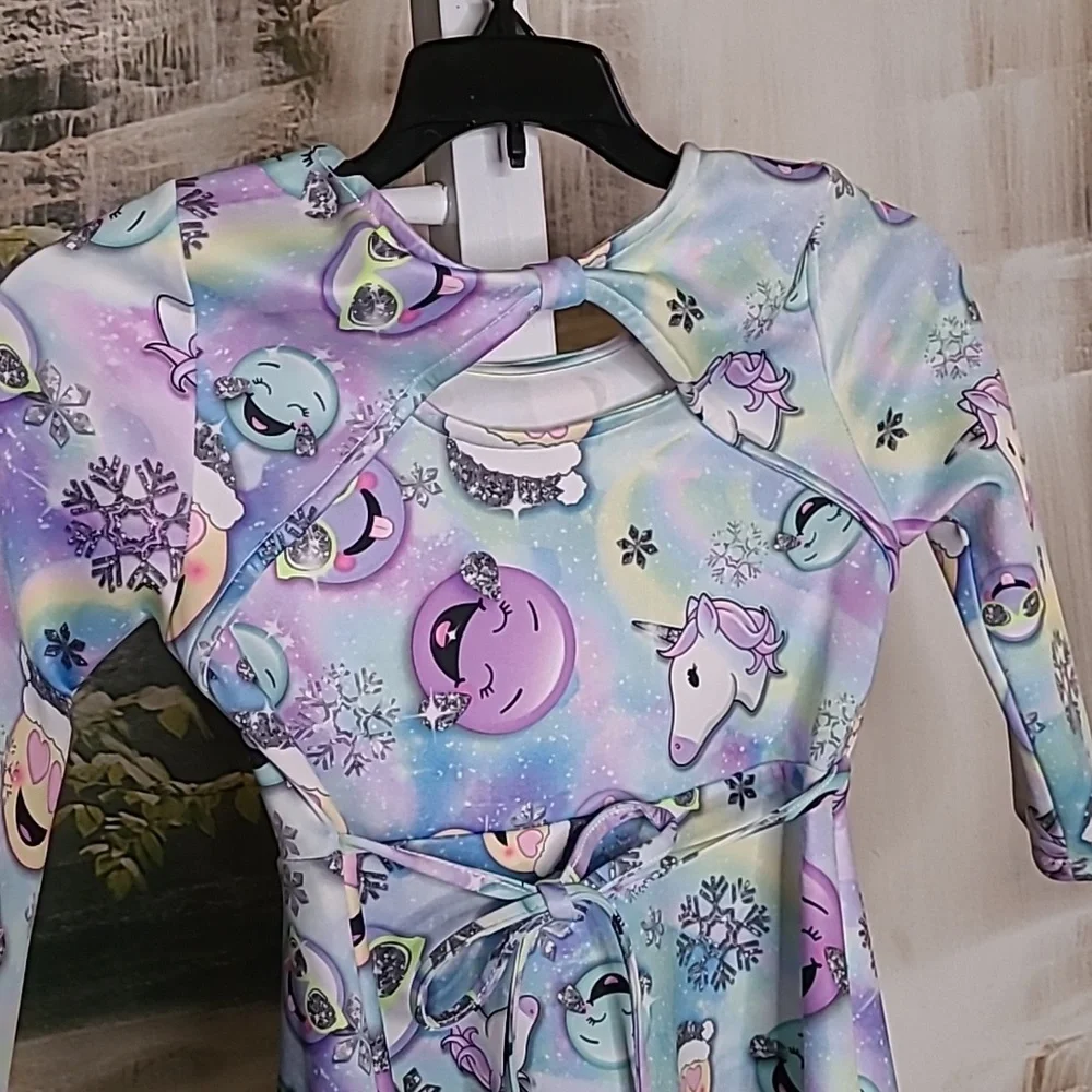 Justice Girls 10 winter theme emoji unicorn neon rainbow long sleeve dress
